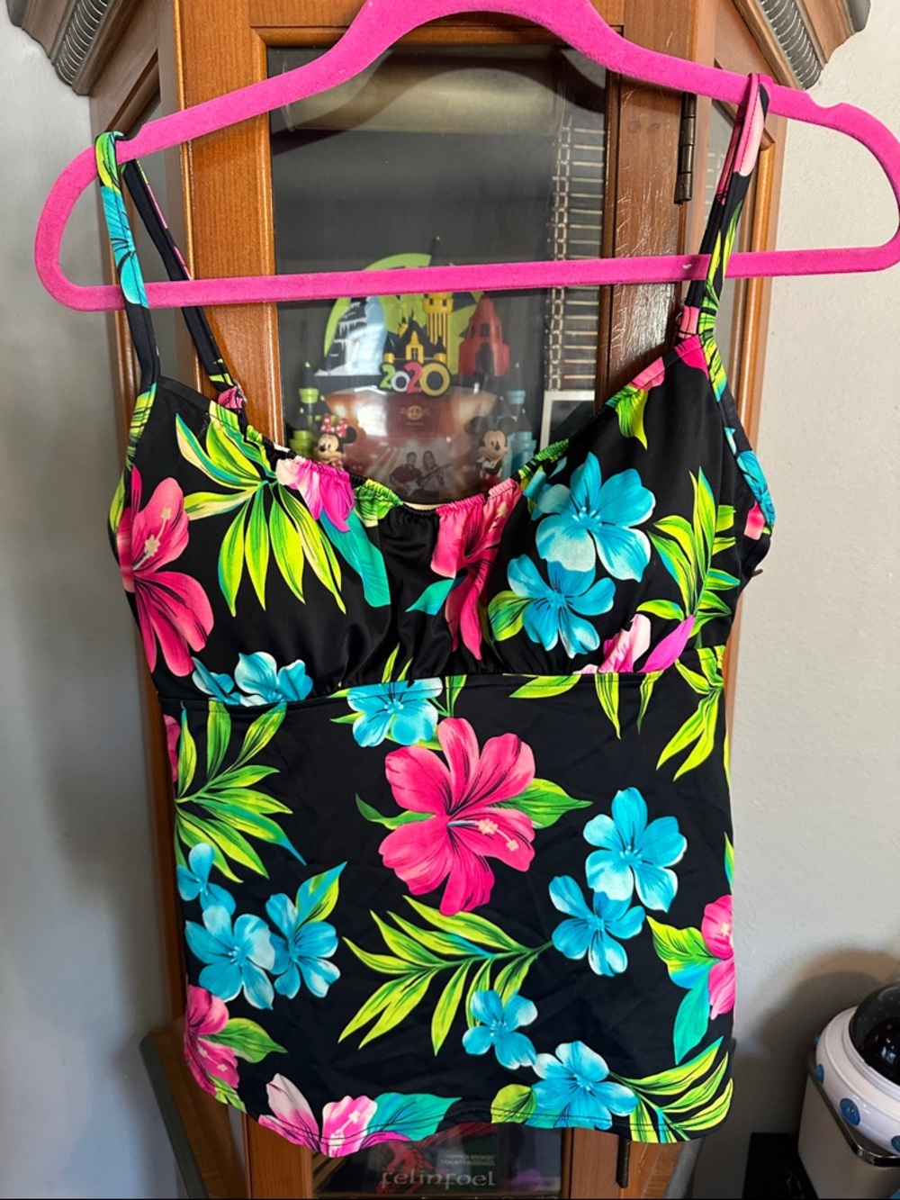 Black Vintage  Floral One-Piece Swimsuit with Pink and Blue Hibiscus